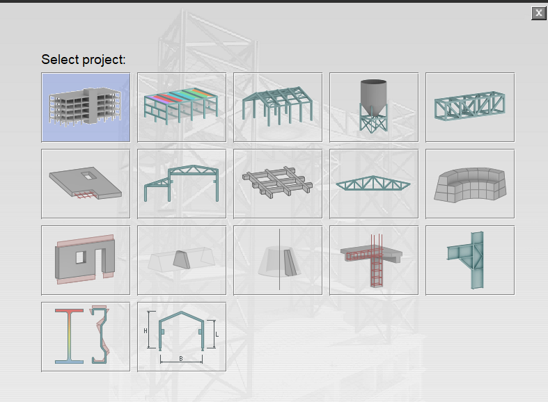 Structural analysis software project selection screen showing representative building and industrial analysis models